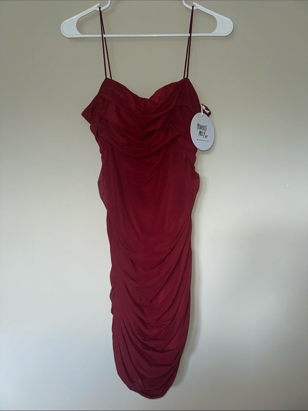 Princess Polly Burgundy Ruched Spaghetti Strap Mini Dress